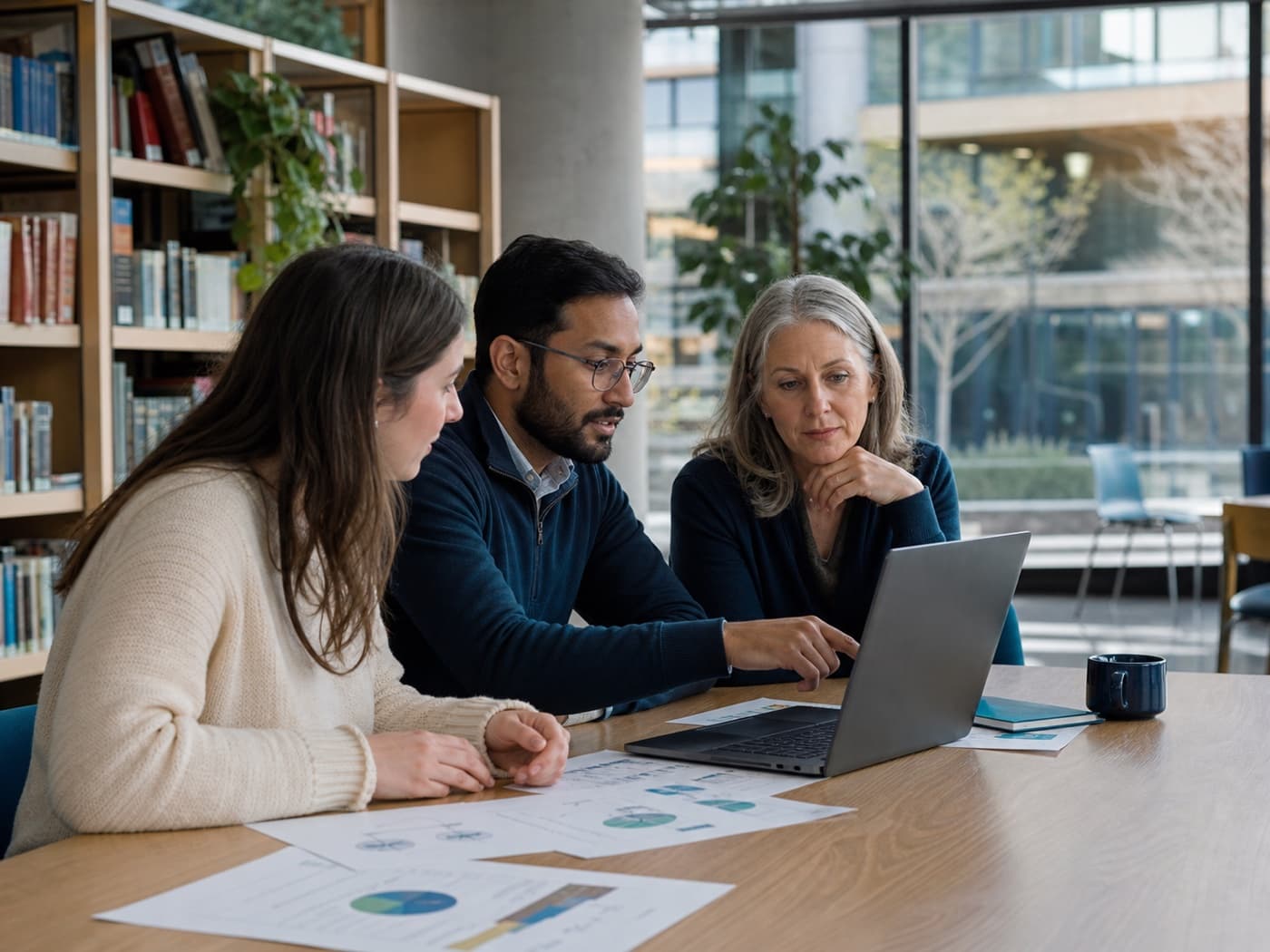 Three professionals reviewing an ethical AI project together