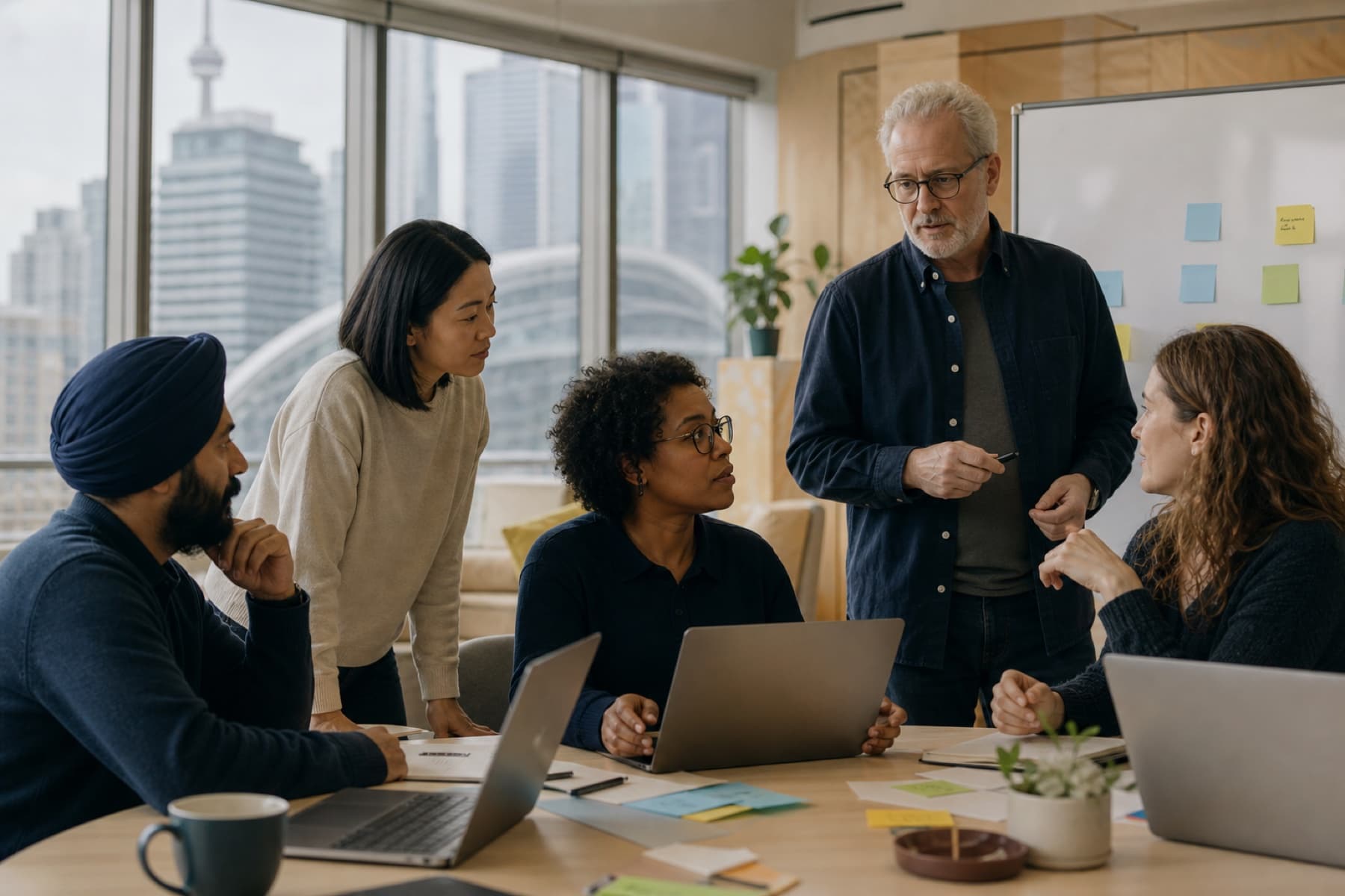 Five professionals collaborating at an AI community workshop in Toronto