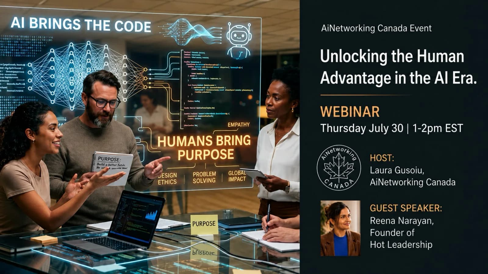 Webinar poster for Unlocking the Human Advantage in the AI Era, hosted by Laura Gusoiu with guest speaker Reena Narayan on July 30, 2026