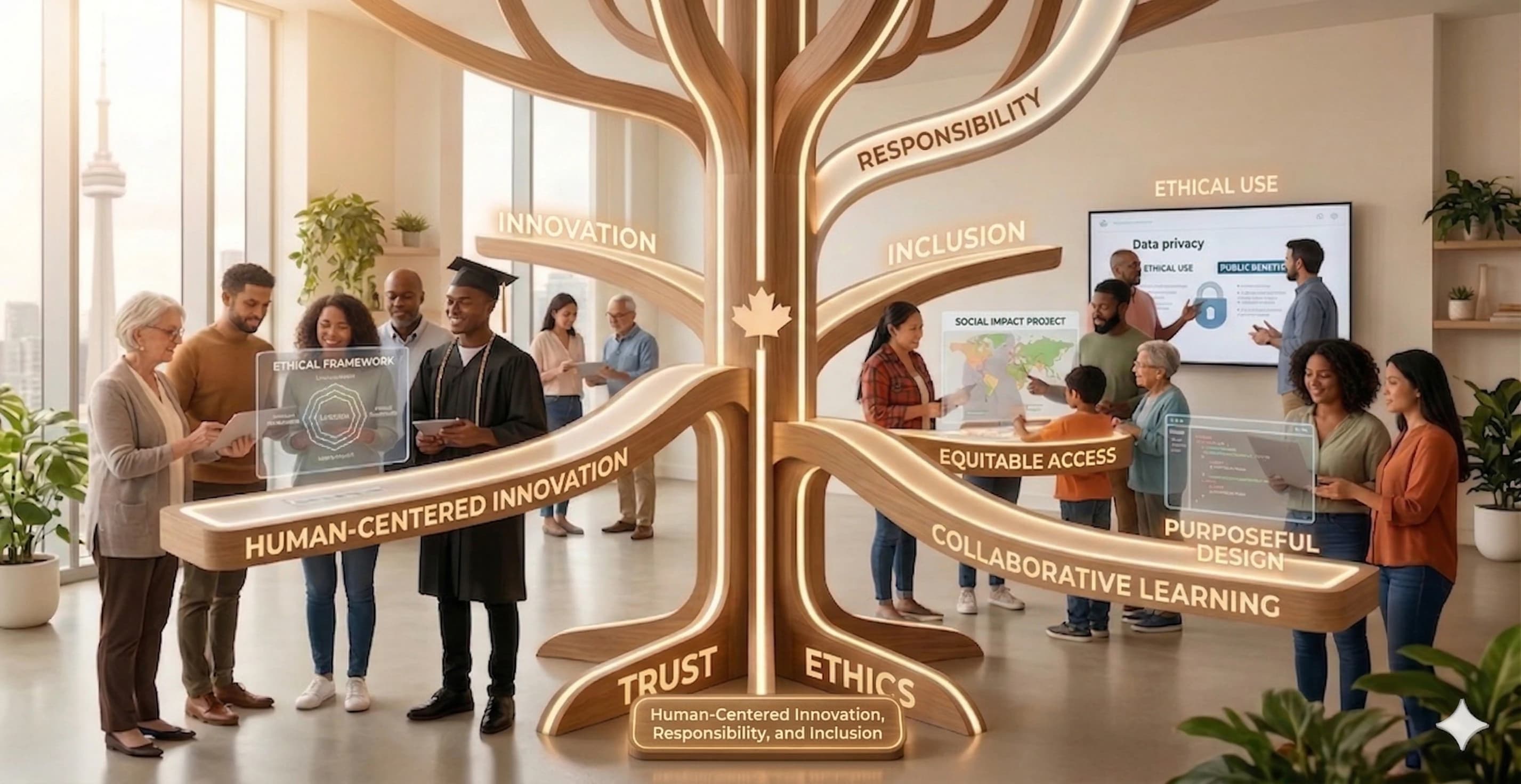 A diverse community gathered around a tree representing responsible, inclusive, human-centred innovation